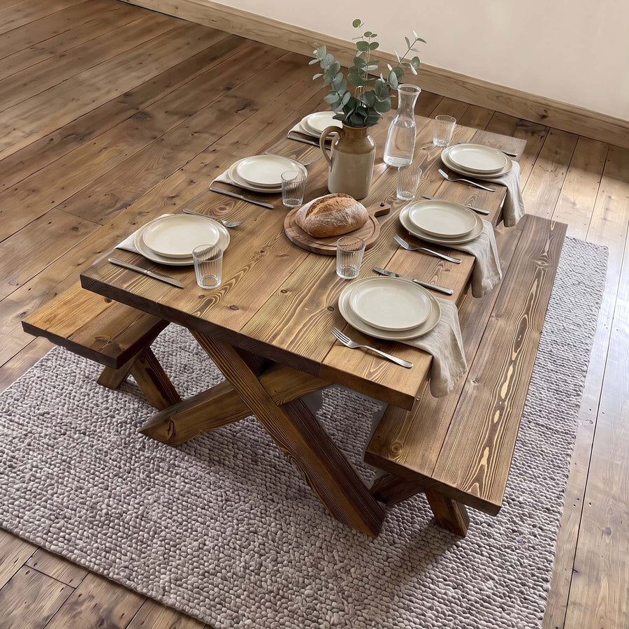 Hartington Chunky Wooden Dining Table – Solid Redwood Top, Wooden X Legs