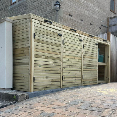 Wooden bin store with tiled roof and storage unit.