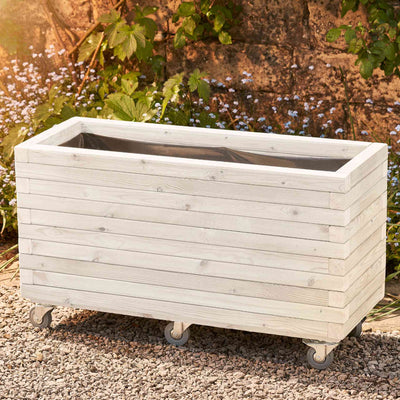 Large rectangular garden planter in a soft white finish, lined and fitted with wheels for added functionality. This durable wooden planter features a modern, sleek design and is placed against a wall with climbing green plants.