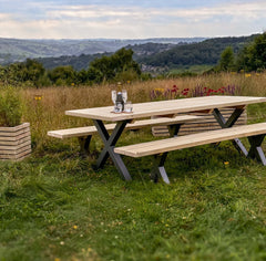 Garden Table with Steel X Legs – 45mm Solid Top – Simple Bolt-On Assembly