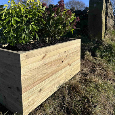 Rustic slatted wooden planter filled with green plants. Placed in front of a stone wall in the sunshine.