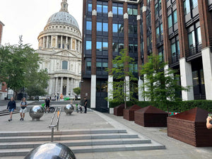 A view of timber foundry commercial planters built outside St Pauls Catherdral in London. A front view of the cathedral and steps leading up to it.