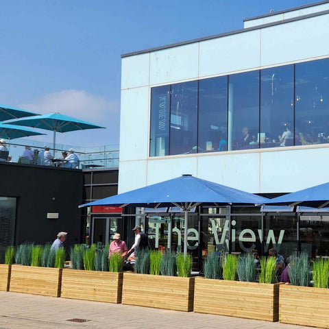 A row of Timber Foundry commercial wooden Pub Planters outside a bar called The View. The planters are filled with tall green plants, the bar has big glass windows.