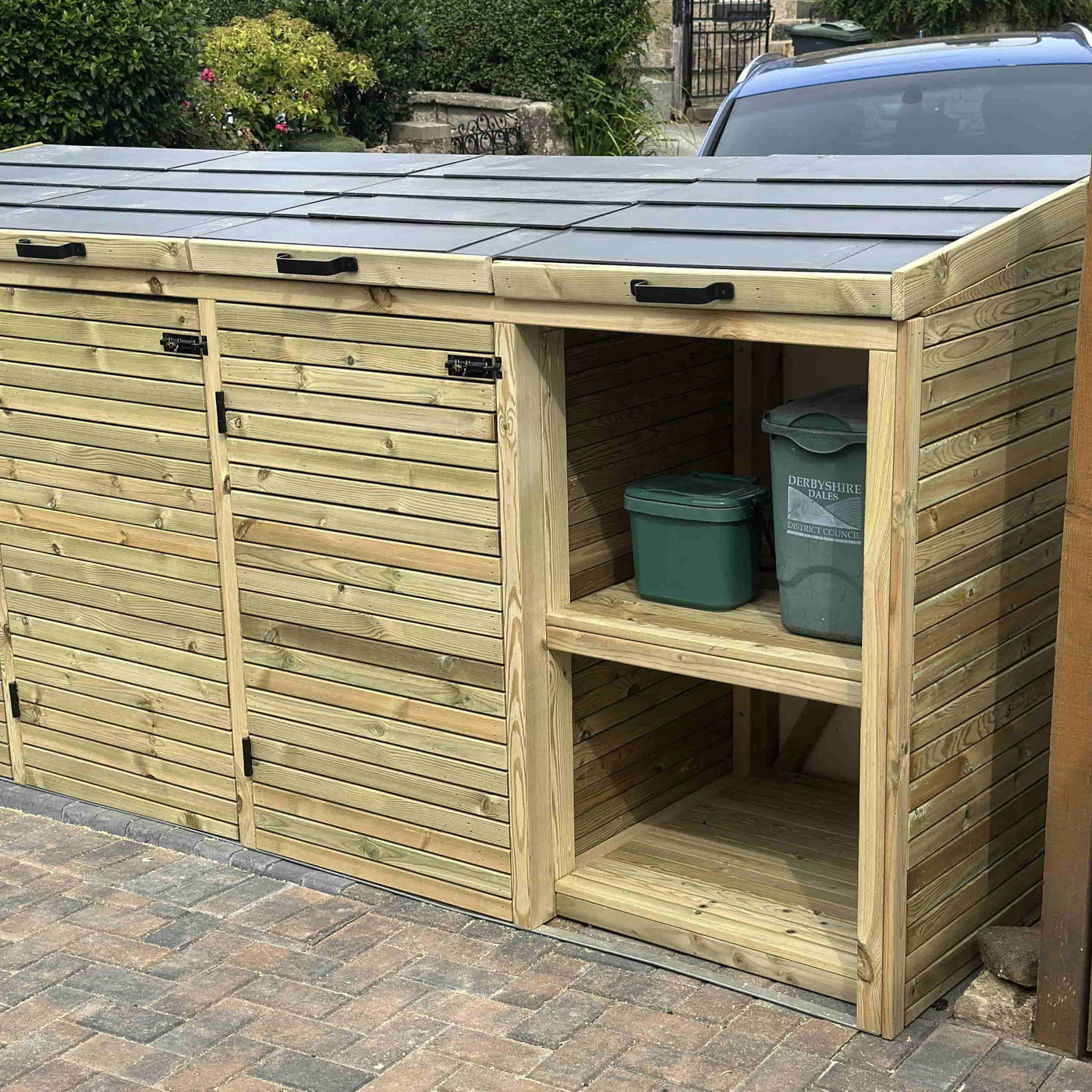 Timber Bin Store with Tiled Roof, holds 3 bins and extra storage