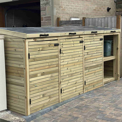 Triple wooden wheelie bin store with tiled roof and parcel bay, handcrafted timber bin storage.
