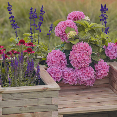 A sturdy U-shaped wooden planter with an integrated seat filled with vibrant flowers. Crafted from high-quality, durable timber, the planter bench features a sleek slatted design that combines functionality and style. Set in a picturesque outdoor setting with rolling hills in the background.