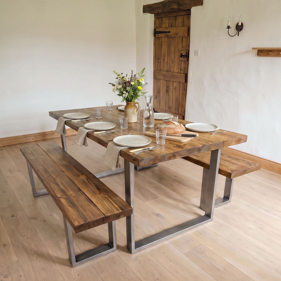 Dovedale Solid Wood Dining Table and Bench Set – U-Frame Steel Legs