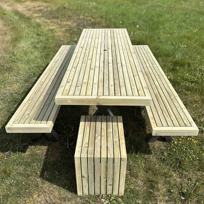 Wooden garden dining set with steel X legs, including full-length benches and two stools, ideal for large outdoor gatherings and patios.