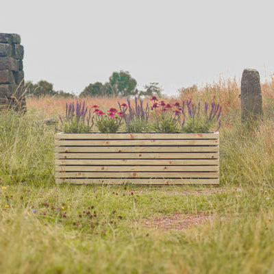 Wooden Contemporary Planter made with FSC durable timber. Filled with purple and pink flowers.