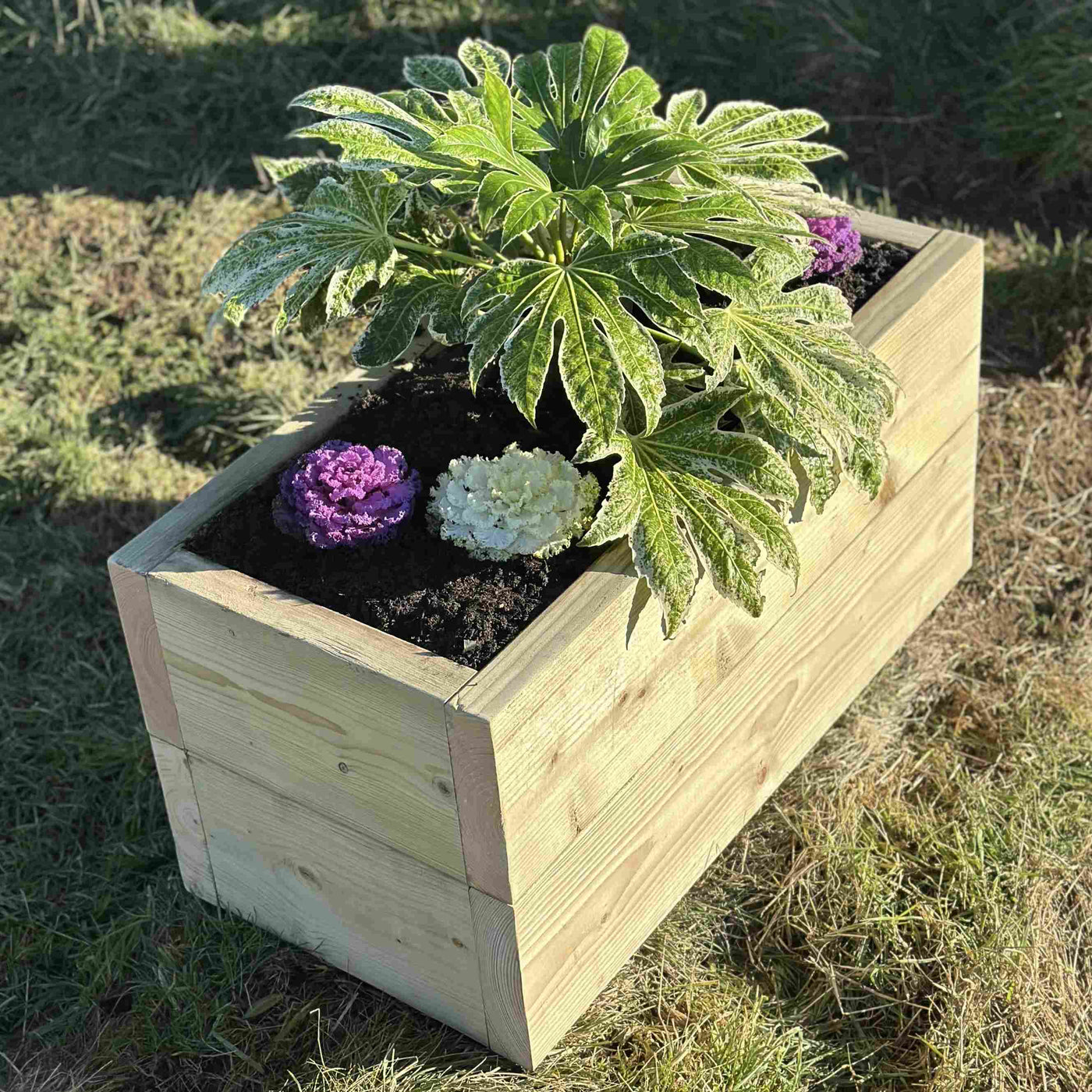 Heavy-duty wooden trough planter filled with a green plant and purple and white flowers. Placed on grass. There are no visable screws and it's built with thick timber planks.