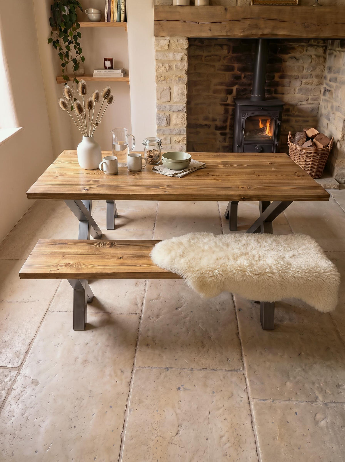 Stanage solid wood dining table with black steel X legs and a bench beside a log burner