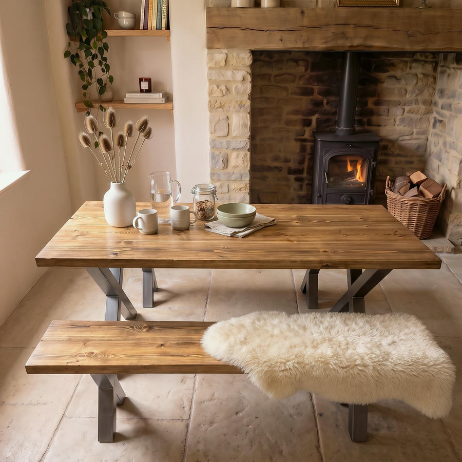 Stanage Solid Wood Dining Table with Metal Legs – Steel X Frame