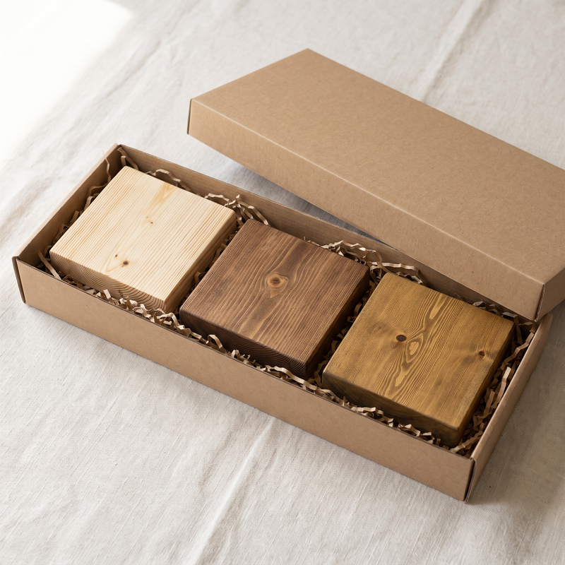 Timber finish samples in a box