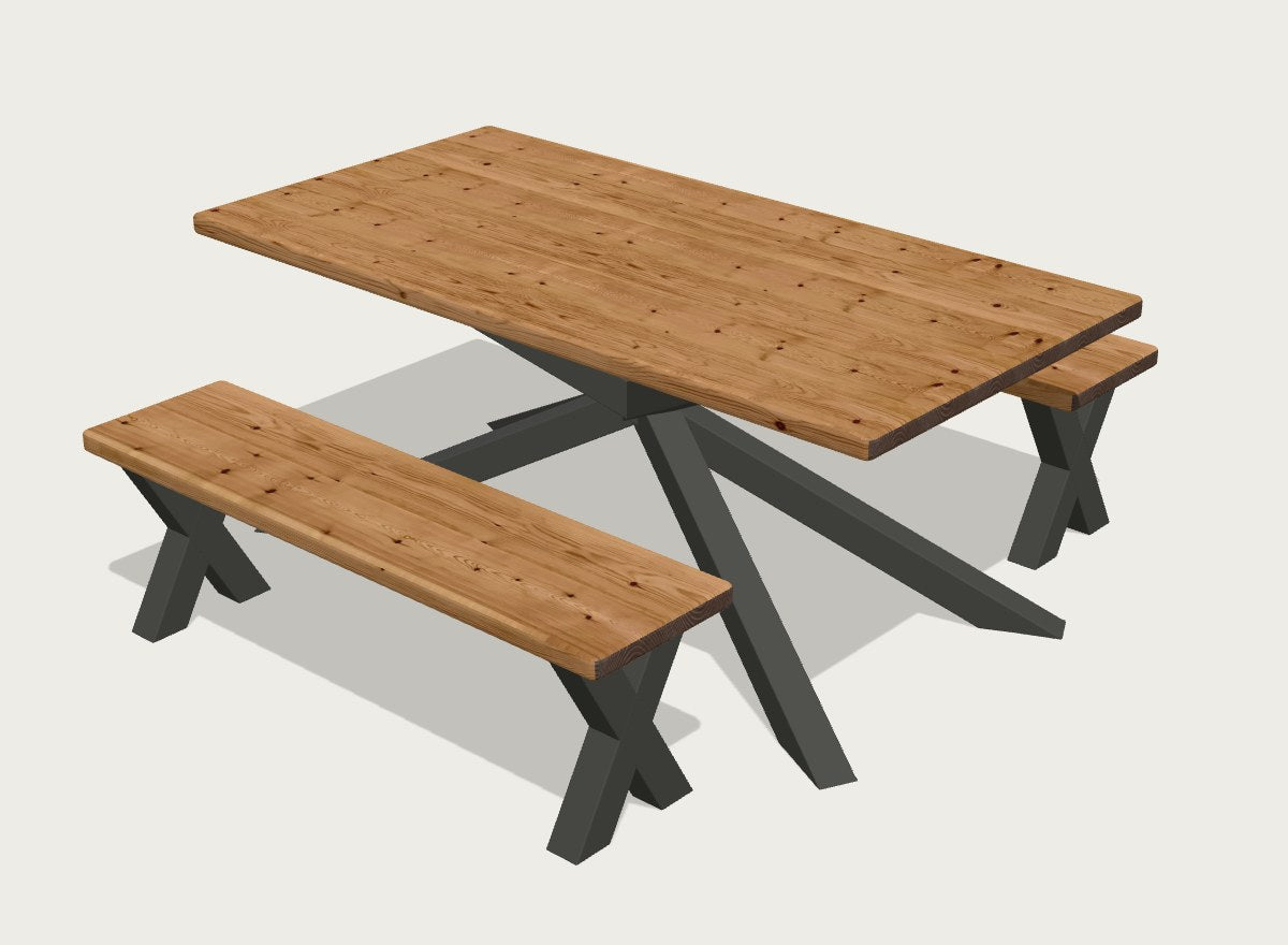 3D model from the table builder: a walnut finish top on a black spider base with two benches