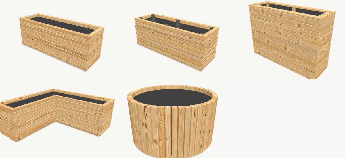 3D renders of the five planter styles: Modern, Mitred, Tall, Corner and Round