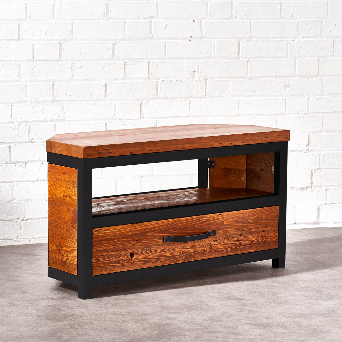 Handcrafted Corner TV Stand from Reclaimed Timber with Storage Drawer