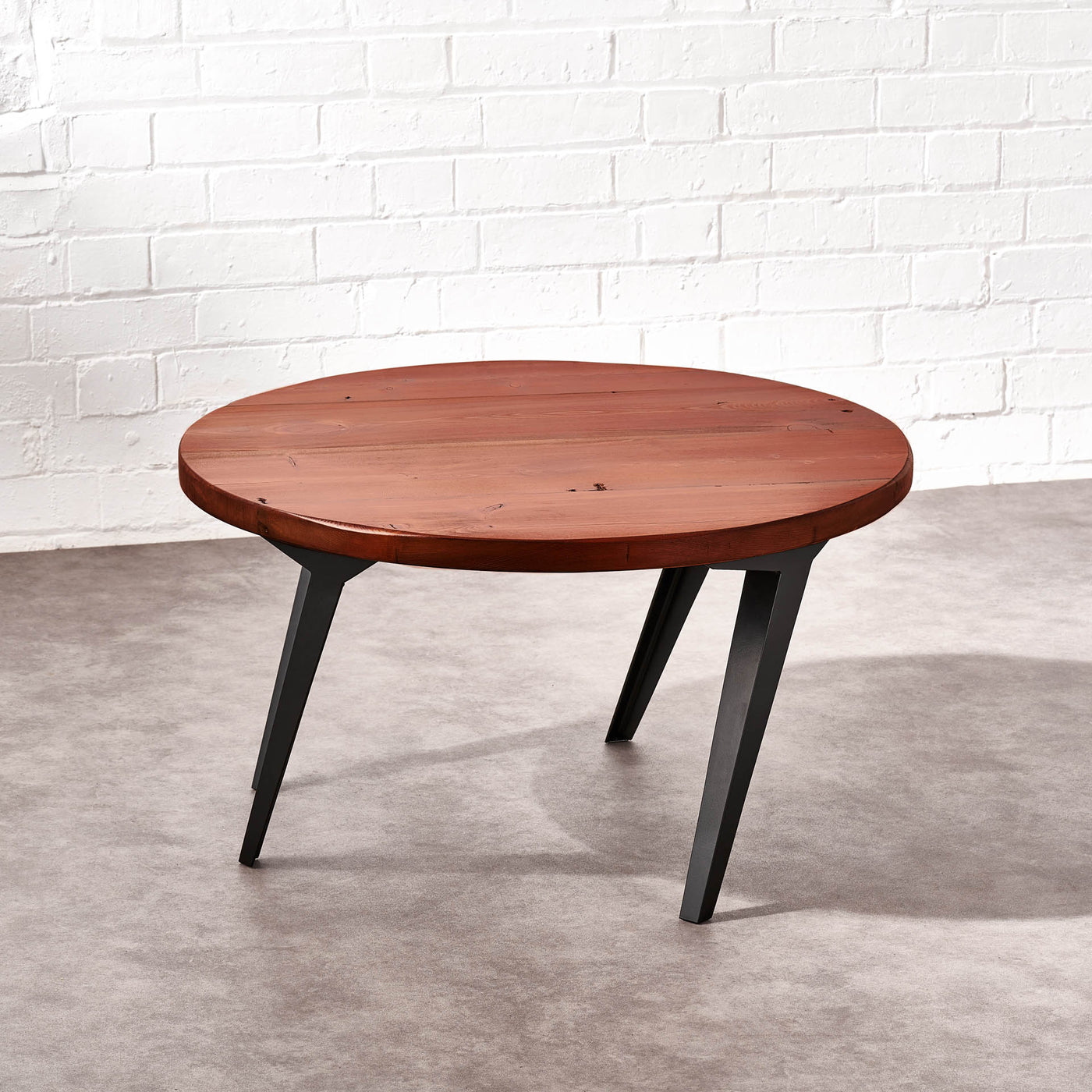 Quirky Handcrafted Round Reclaimed Wood Coffee or Side Table with Angled Metal Legs