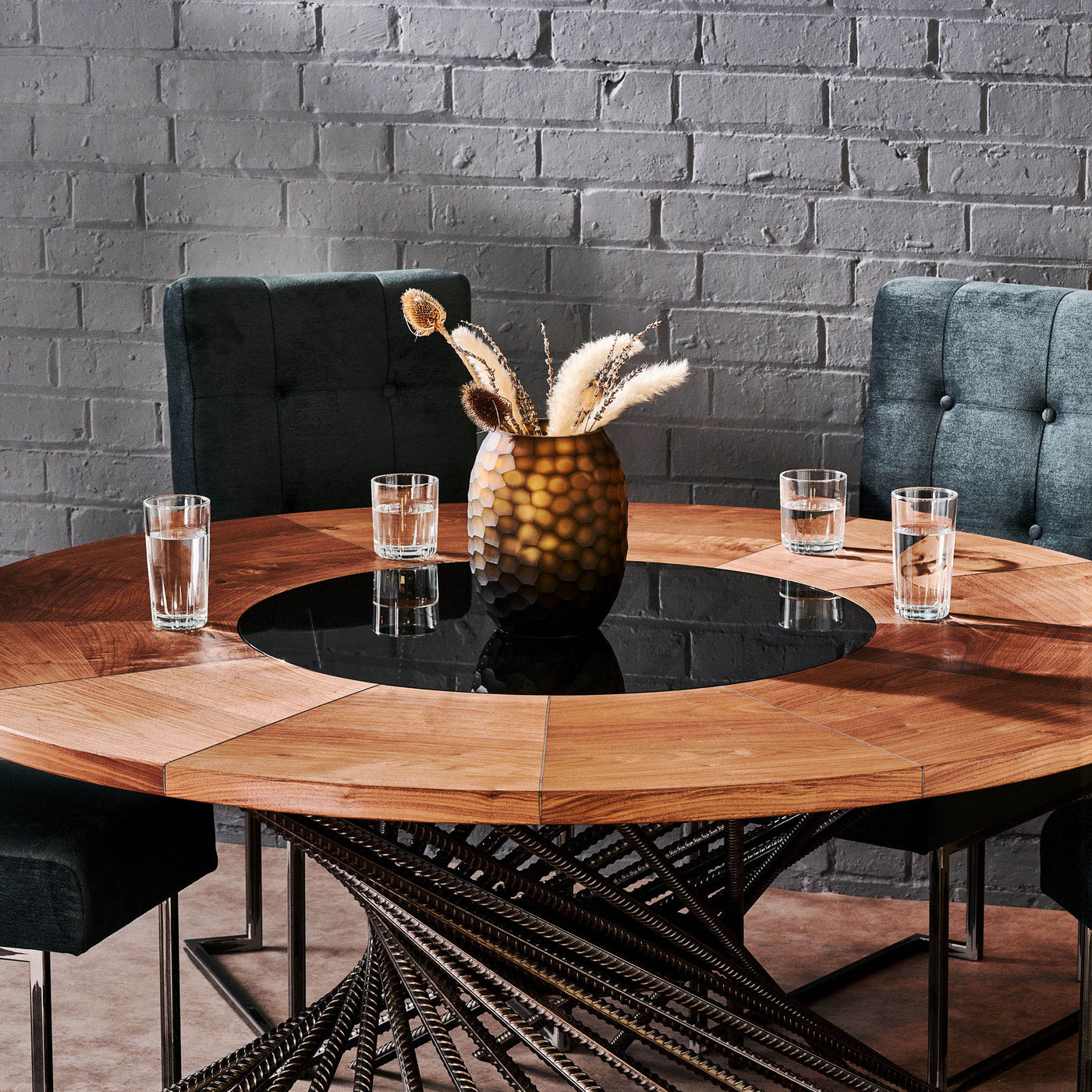 Industrial Dining Table with Handcrafted Rebar Leg Design Plus Wood and Glass Tabletop