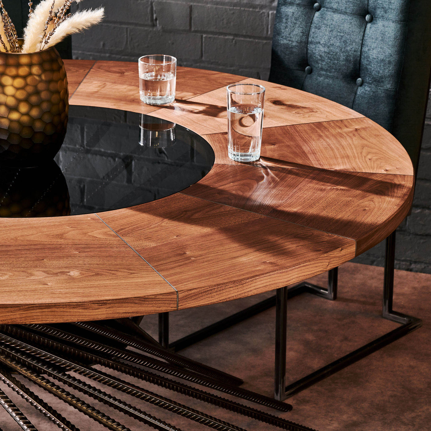 Industrial Dining Table with Handcrafted Rebar Leg Design Plus Wood and Glass Tabletop