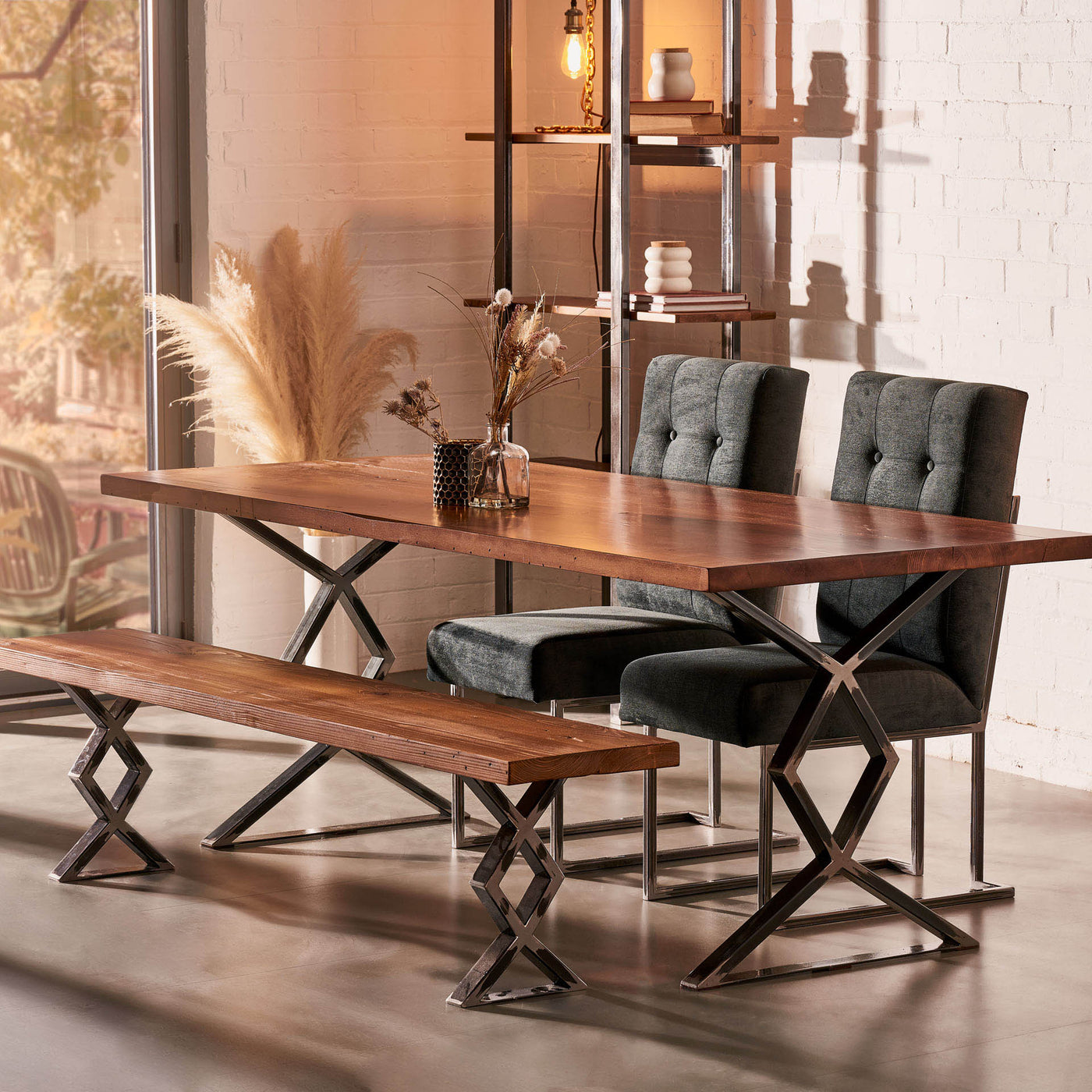 Handcrafted Farmhouse Dining Table with Salvaged Wood and Aesthetic Steel Legs in Diamond Pattern