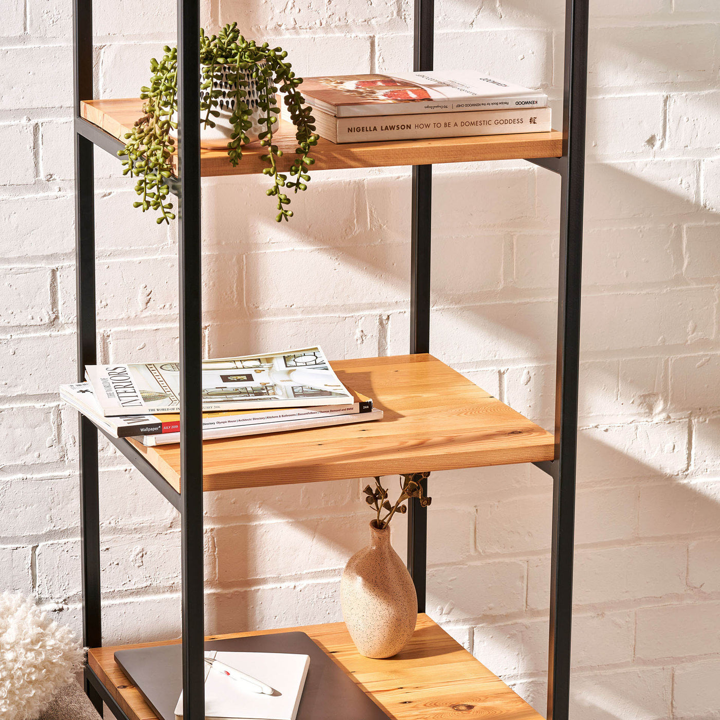Handcrafted 180cm Tall Narrow Shelving Storage and Display Unit with 5 Shelves and Metal Frame