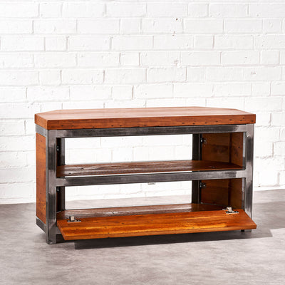 Handcrafted Corner TV Stand from Reclaimed Timber with Storage Drawer