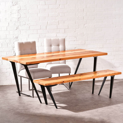 Handcrafted Bespoke Reclaimed Wood Dining Table with Dramatic Angled Steel Legs