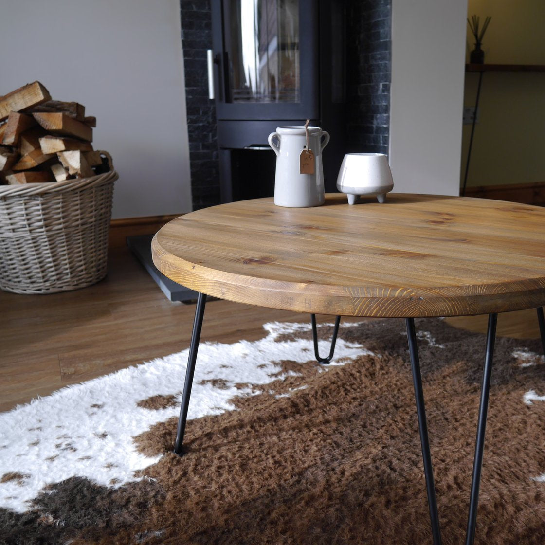 Wood Round Coffee Table with Hairpin Legs, Solid Pine Modern Farmhouse Table, Mid Century Modern Decor handmade furniture